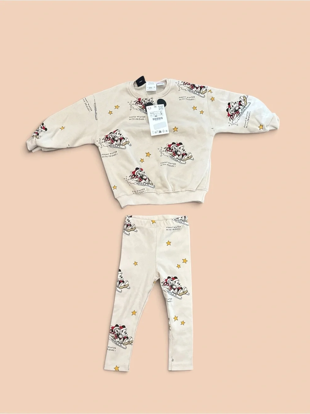 Disney Beige Mickey & Minnie Christmas Loungewear 2-PC Top & Legging Set NWT